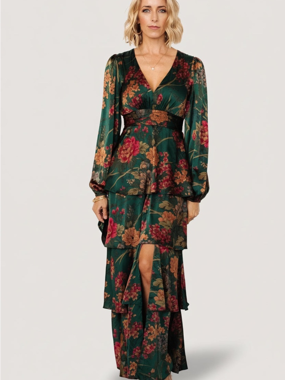 Floral V-Neck Tiered Maxi Dress - Green